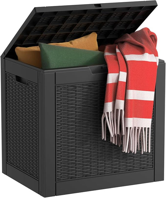 32 Gallon Resin Deck Box Waterproof, UV Resistant Outdoor Storage Box for Delivery, Garden, Patio,and Porch, Rattan Black