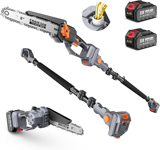 2-in-1 Pole Saw for Tree Trimming, 8 Inch Cordless Mini Chainsaw with Extension Pole, Brushless Motor, with 2 x 4.0 Ah Batteries & Charger, Auto Lubrication, 15 Ft Max Reach