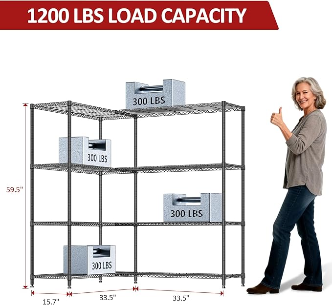 IZEUK 1147 LBS Garage Shelving Wide Storage Shelves Metal Shelves Heavy Duty Adjustable Utility Shelf Rack (Black, 4 Tiers, 15.7" D x 33.5" W x 59.5" H)