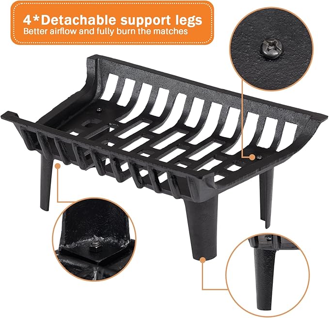 DOEWORKS 18 inch Fireplace Grate Cast Iron Fire Place Grates Heavy Duty Wood Stove Chimney Burning Rack Holder