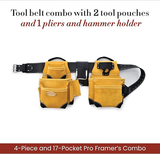 Style n Craft 4-Piece and 17-Pocket Pro Framer’s Combo, Tool Belt with 2 Tool Pouches and 1 Pliers and Hammer Holder, Full-Grain Leather Tool Belt Combo, Yellow with Black Leather Corners (93414)
