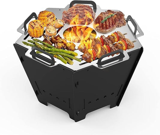 Onlyfire 2 in 1 BBQ Charcoal Grill & Fire Pit, Foldable Camp Grill with Stainless Steel Cooking Grate, Portable Outdoor Firepit for Camping Backyard Patio RV Car Trip Tailgating, Pentagon, GS357