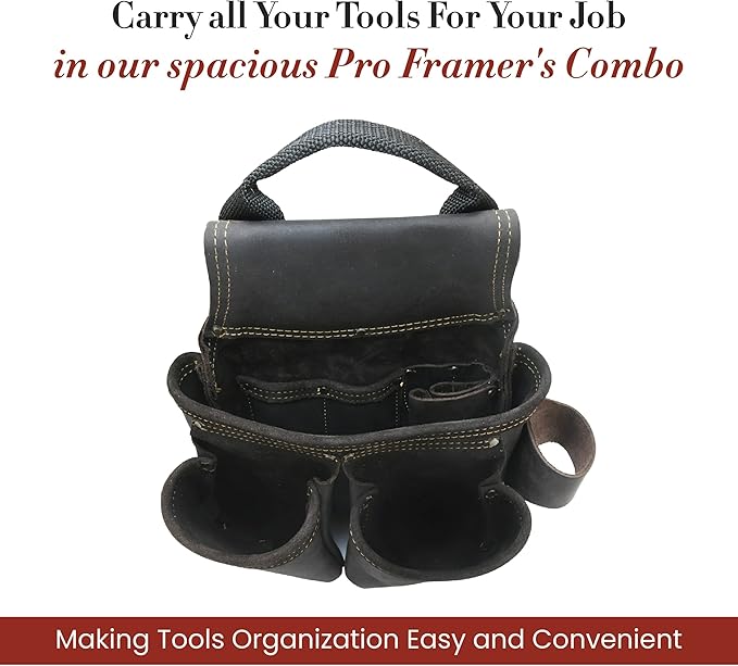 Style n Craft 4-Piece and 17-Pocket Pro Framer’s Combo, Tool Belt with 2 Tool Pouches and 1 Hammer Holder, Full-Grain Oiled Leather Tool Belt, Dark Brown (90429)