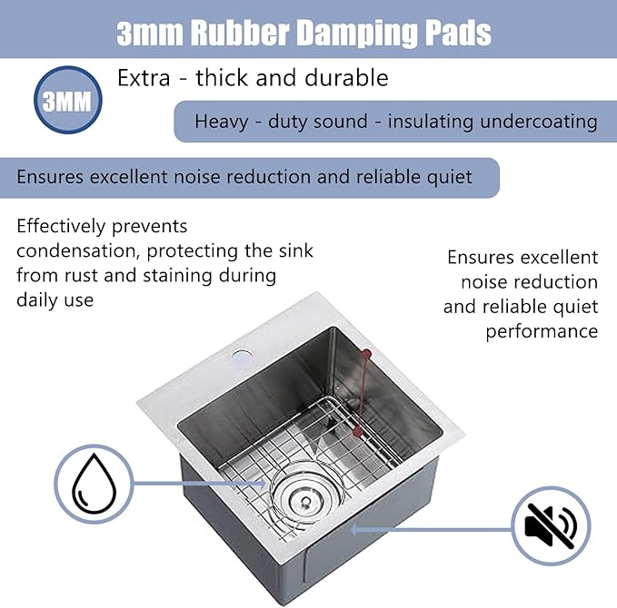 15x15 Inch Bar Sink Drop In, Topmount Kitchen Sink Stainless Steel Square Small Sinks, Single Bowl Kitchen Sinks for Laundry Wet Bar Prep RV Office Outdoor Yard