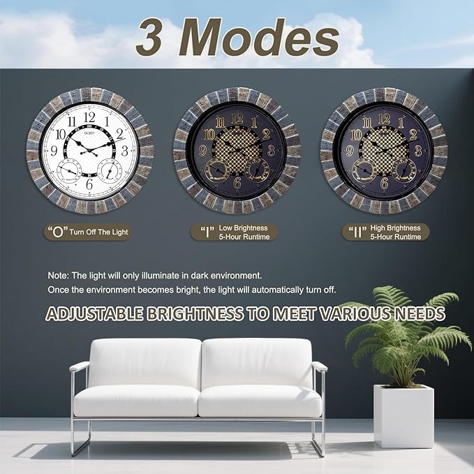 OCEST 18 Inch Large Outdoor Clock Waterproof Thermometer Hygrometer Combo Night Light Illuminated Wall Clocks Battery Operated Silent Non-Ticking Ideal Patio Clock for Garden Pool Porch Yard Garage
