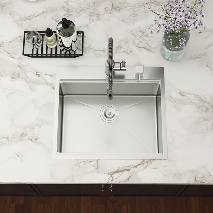 25x22 Drop In Kitchen Sink 16 Gauge Stainless Steel Workstation Kitchen Sinks Handmade Topmount Single Bowl Sink with Accessories, 25x22x9