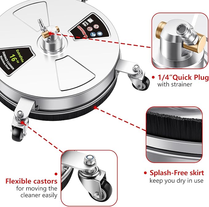 16" Pressure Washer Surface Cleaner Pro with 4 Wheels, Stainless Steel Surface Cleaner for Pressure Washer, 2 Extension Wands, Power Washer Surface Cleaner for Concrete Driveway, 3000 PSI