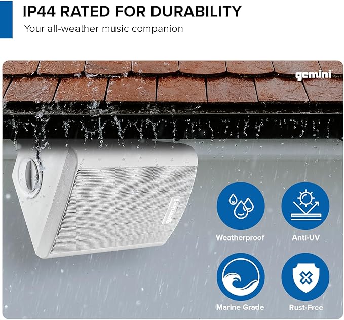Gemini Sound GHSI-W400BT 4" Outdoor Bluetooth Speakers – Wired Powered IP44 Waterproof Wall Mount Pair, Rust-Proof Aluminum Grills, Expandable to 16 Speakers, Compact Full-Range Stereo (White)