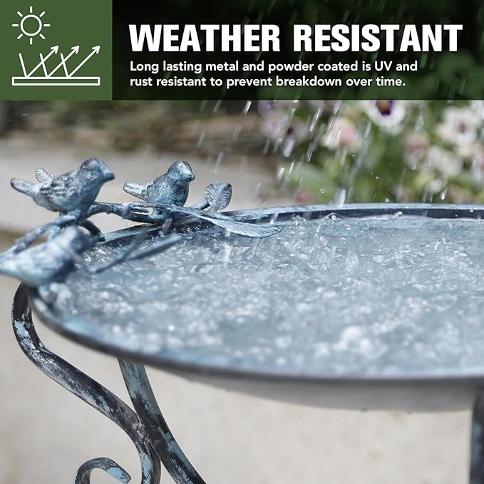Solution4Patio 16.7" Metal Bird Bath with Perch - Rust-Resistant Outdoor Garden Decor, Shallow Wide Bowl & Foldable Stand for Birds/Plants