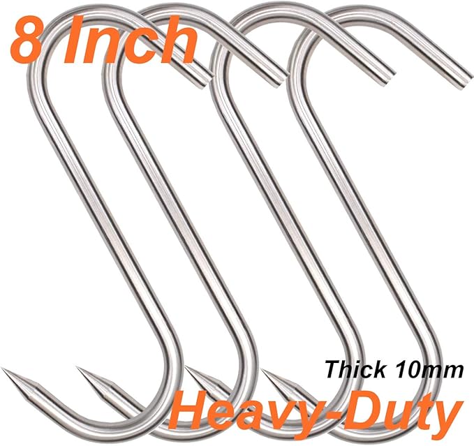 Meat Hook, 8Inch 10mm Heavy Duty S-Hooks Stainless Steel Meat Processing Butcher Hooks (10mm8inch)