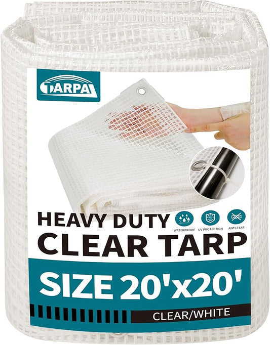 TARPAL 20'x20' Clear White Tarp Heavy Duty Waterproof 12mil with Grommets or Zip Ties for Large Greenhouses for Outdoors Garden,Farm,Chicken Coops