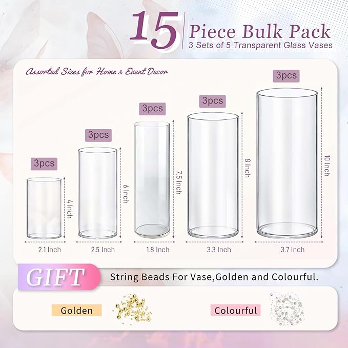 15pcs Glass Vase Cylinder Vases for Centerpieces Small Flower Glass Vases Home Decor Centerpiece Table Clear Flower Vase Decorations for Wedding＆Holiday 4,6,7.5,8,10 Inch Tall