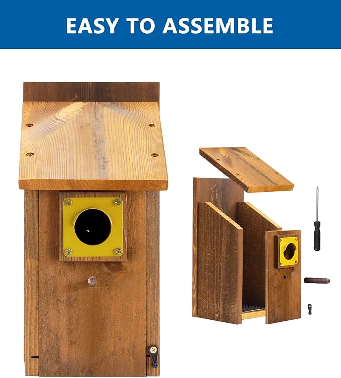 2pk Large Bluebird House for Outdoor - Extra High Size, with Perch, Mesh Base & Brass Guard - Cedar Birdhouse for Bluebirds, Finches, Swallows Carbonized Finished 5 Years Usage, Assembling Needed