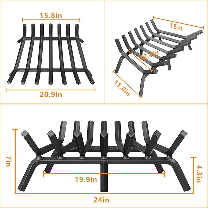 Mr IRONSTONE Fireplace Grate 24 inch Solid Steel Heavy Duty Firewood Log Burning Rack Fire Grates for Outdoor Kindling Tools Pit Indoor Fireplace Log Holder Wrought Iron Wood Stove