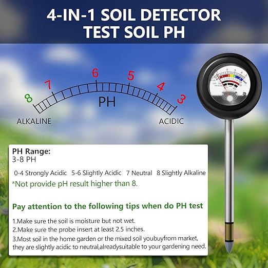 4-in-1 Soil Tester, Soil Moisture Meter/Soil PH Meter/Sun-Light/Fertility, Moisture Meter for Plants Gardening, Lawn, Farm (No Battery Required)