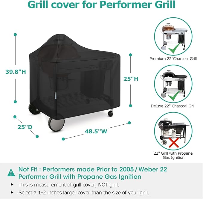 SunPatio Outdoor Waterproof Grill Cover Compatible for Weber 22 Inch Performer Premium Deluxe, RecTeq, Char-Griller Grills, Compared to Weber 7152, Heavy Duty Weather Resistant Charcoal BBQ Cover