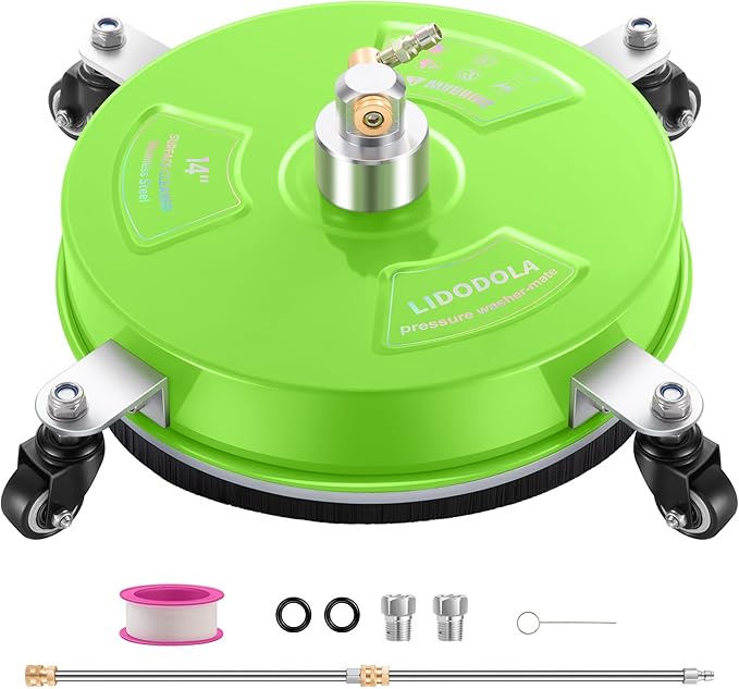 14" Pressure Washer Surface Cleaner with 4 Wheels - Coated Green Stainless Steel Surface Cleaner for Pressure Washer Attachment for Concrete, Patio, Sidewalk, Deck and Driveways - PWS14G