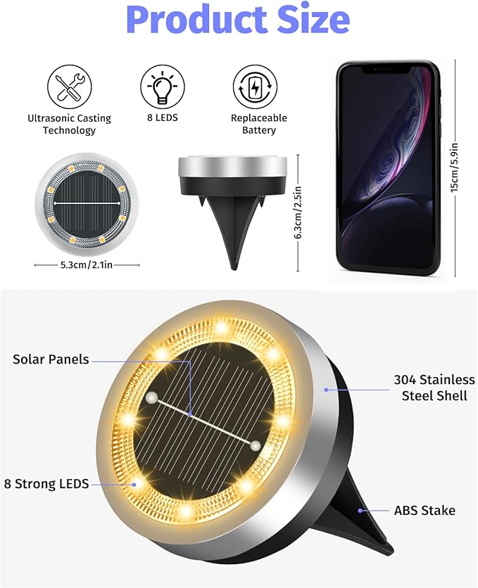 Mini Solar Ground Lights 2 Pack Outdoor IP65 Waterproof Solar Flat Garden Light Solor Powered Disc Pathway Lights for Outside Walkway Yard Landscape Patio Lawn Driveway-Warm White