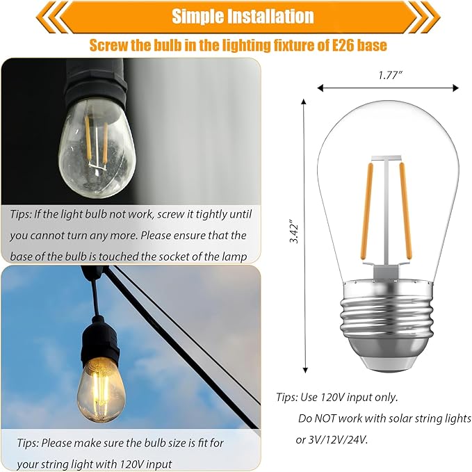 15 Pack Replacement Bulbs for String Lights, 2W S14 Shatterproof Waterproof LED Outdoor Light Bulbs, 2700K Soft White, E26 Base, AC120V, Not Dimmable
