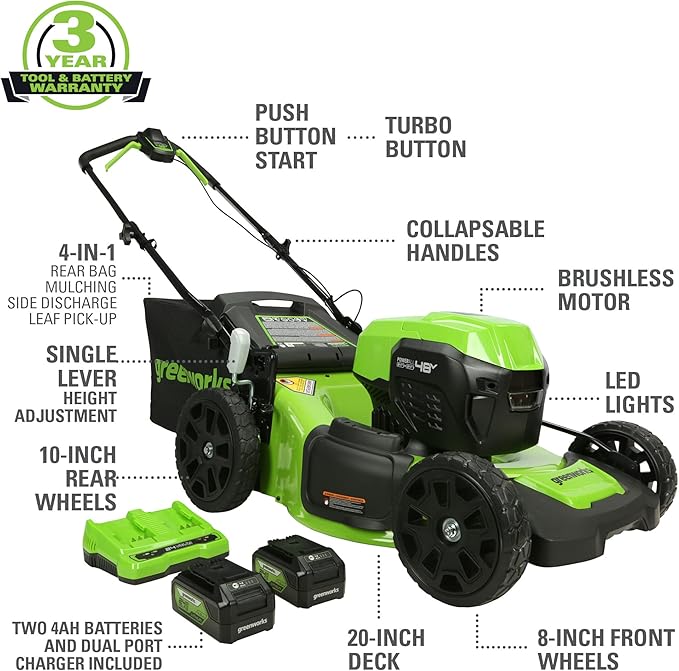 Greenworks 48V (2x24V) Electric Lawn Mower Combo Kit: 20"Steel Deck Push Mower, 12" String Trimmer, 320 CFM Blower, 3 Batteries & 2 Chargers, 3-Year Warranty.