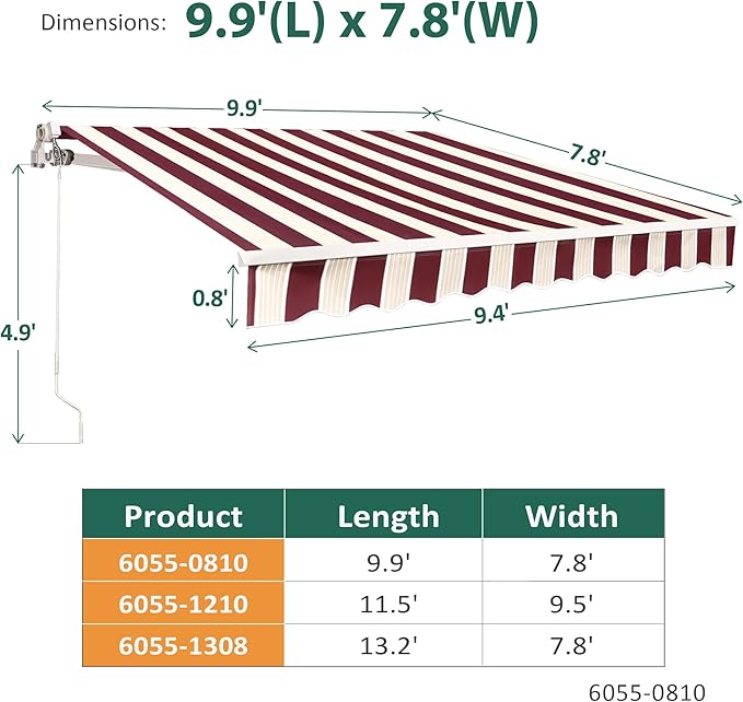MCombo 9.9x7.8 Feet Manual Retractable Patio Door Window Awning Sunshade Shelter Outdoor Canopy,0810 (Brick Red with Beige Stripes, 9.9'(L) x 7.8'(W))