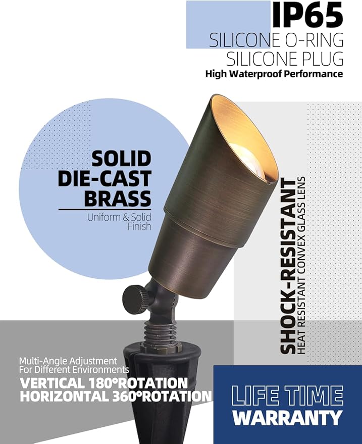 MALORY Brass Outdoor Spot Lights 1 Pack Without Bulb Kit(S01),12V AC/DC Low Voltage LED Landscape Lighting,Outdoor Lights for Patio, Garden and Yard with Ground Stake and Wire Connector