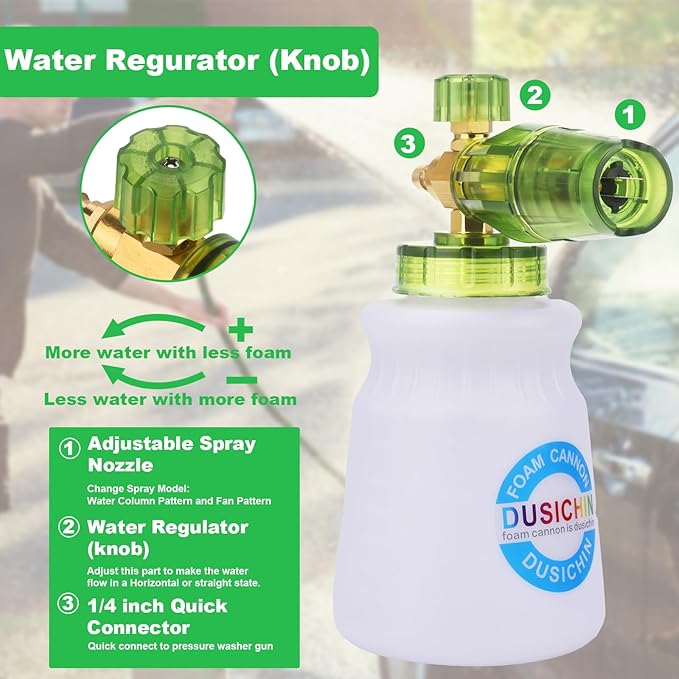 DUSICHIN Pressure Washer Gun with Foam Cannon,4000 PSI Car Wash Kit Snow Foam Lance Sprayer with 1/4" Quick Connector and 5 Nozzle Tips,1L Bottle DUS2702