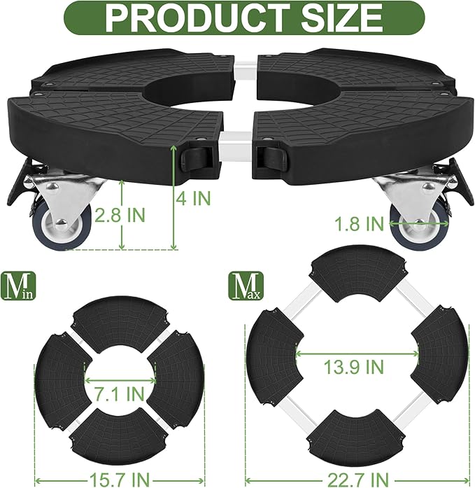 2 Pack Plant Caddy Stands with 360° Wheels Adjustable 15-22 Inch Rolling Plant Stands Heavy Duty Large Plant Carts Dolly with Casters 440lbs Capacity for Large Planter, Garden Pot, Flower Pot, Black