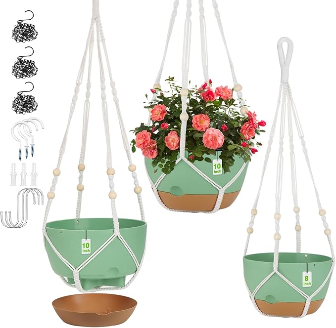 3 Pack Hanging Planters for Indoor Plants, 10 + 10 + 8 Inch Self-Watering Hanging Plant Pot, Macrame Plant Hanger with Pot, Ceiling Hooks, Removable Saucer and Drainage Holes for Garden Home - Green