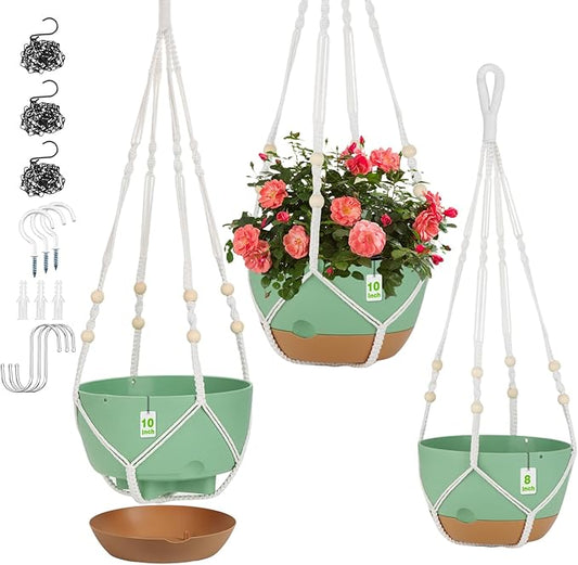 3 Pack Hanging Planters for Indoor Plants, 10 + 10 + 8 Inch Self-Watering Hanging Plant Pot, Macrame Plant Hanger with Pot, Ceiling Hooks, Removable Saucer and Drainage Holes for Garden Home - Green