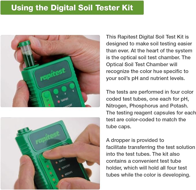 Rapitest Soil Test Kit for Gardens, Vegetables, Flowers and Lawns. USA designed and assembled soil tester completely, quickly and accurately measures/analyzes soil pH acidity and garden nutrients