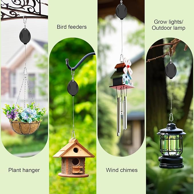 2025Upgraded 2Pcs Heavy Duty Retractable Plant Hanger, 44lbs Load, Auto Lock, Adjustable Hook for Hanging Plants, Bird Feeders, Wind Chimes, Garden Pots,Rust-Proof Stainless Steel,Black