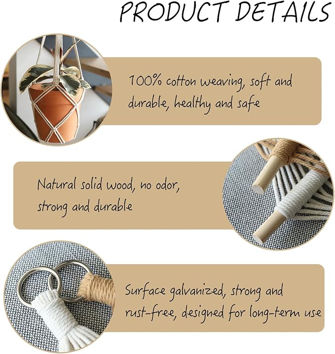 2Pcs Macrame Plant Hangers Indoor Macrame Hanging Planters Large for up to 10 inch Pot No Tassels Long Crochet Boho Plant Hanger Holder for Indoor Outdoor Plants with 2 Hooks(White Wood Hanger)