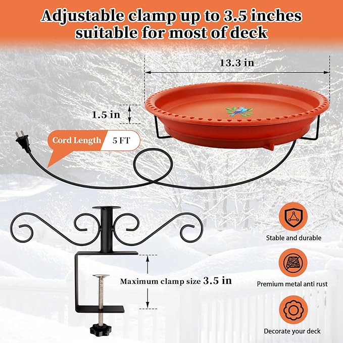Lovppy Heated Bird Baths for Outdoors for Winter, 100W Heated Bird Bath Water Heater with Thermostatically Controlled, Heated Bird Bath for Deck Railing Outside Garden Patio Yard (Brown)