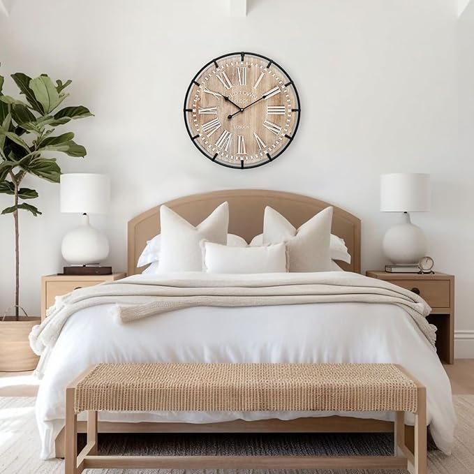 20 Inch Grand Farmhouse Wall Clock, Vintage-Inspired Wood & Metal Design with Large Etched Numbers, Silent Battery-Powered Timepiece for Offices, Kitchens, Bedrooms, and Living Rooms