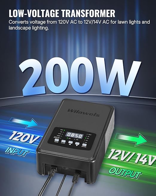 200W Low Voltage Landscape Transformer, Weatherproof Outdoor Low Voltage Transformer, 120V AC to 12/14V AC, Landscape Lighting Transformer with Timer and Photocell Sensor, ETL Listed D11LT06