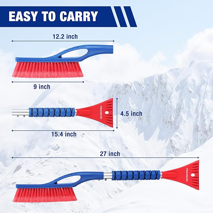 WORKPRO 27" Snow Brush and Ice Scraper for Car Windshield, Car Snow Brush and Ice Scraper with Foam Grip, 2-in-1 Detachable Snow Removal Tool, Storage Bag Included, 2 PC