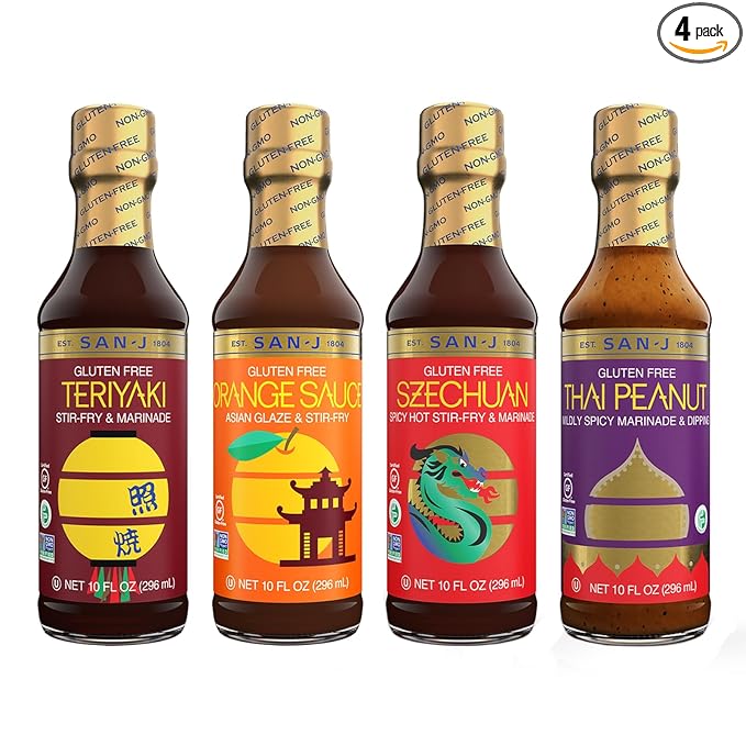 San-J - Spice of Life Variety Pack- Teriyaki, Orange Sauce, Szechuan, Thai Peanut - All Gluten Free Cooking Sauces - Non-GMO - 10 oz. Bottles - 4 Pack