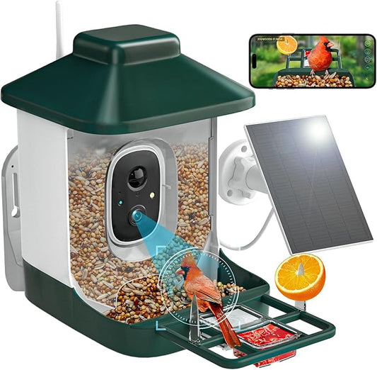 1 Year AI Smart Bird Feeder with Camera, AI Identify Bi rd Species Solar Powered,1080p Live Video Bird Feeder Camera, 2.4Ghz WiFi,Nstant Arrival Alerts - Best Gifts for Bi rd Lover