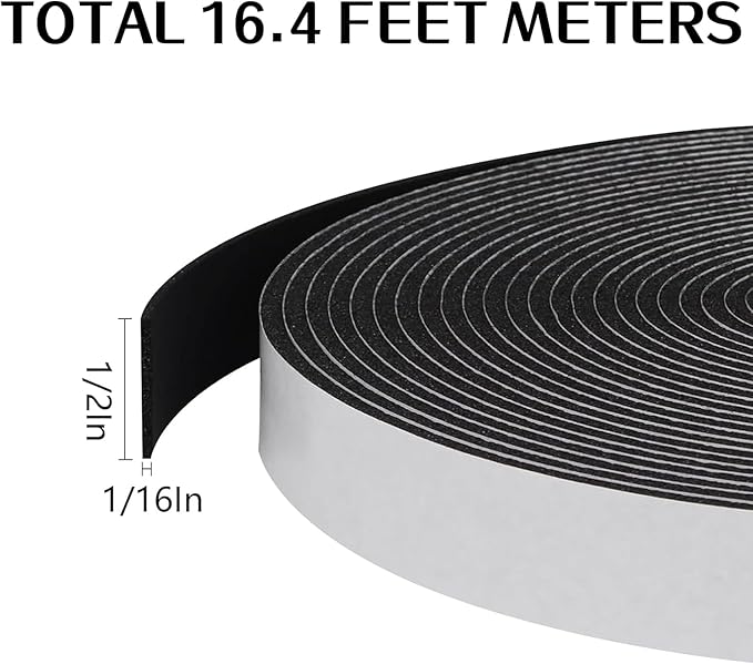 Storystore Foam Insulation Tape Self Adhesive, 1/2In x 1/16In x 16.4Ft Weather Stripping for Doors and Windows, Sound Proof Soundproofing Door Seal, Weatherstrip, Air Conditioning Seal Strip