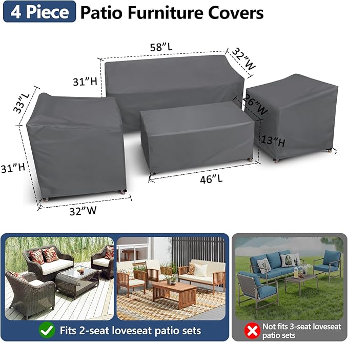 STARTWO Patio Furniture Covers, 4 Piece Heavy Duty Waterproof Outdoor Furniture Cover with Windproof Buckle Strap, for Lawn Rattan Wicker Couch Chair Set, Grey