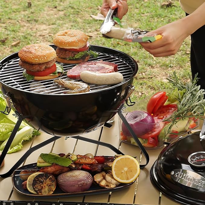 Charcoal Grill, CUSIMAX 14.5'' Portable BBQ Grill, Outdoor Mini Grill, Lid with Integrated Thermometer and Wooden Handle, Tabletop Grill for Camping Backyard and Anywhere Outdoor Cooking, Black