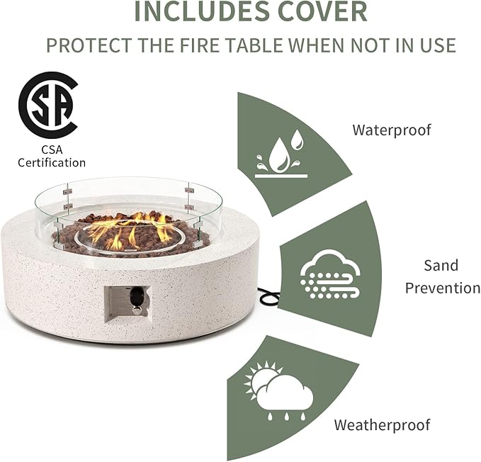 COSIEST Outdoor Propane Fire Pit Coffee Table w Beige 42 inch Round Base Patio Heater, CSA Certified, 50,000 BTU Stainless Steel Burner, Wind Guard, Tank Outside, Free Lava Rocks, Waterproof Cover