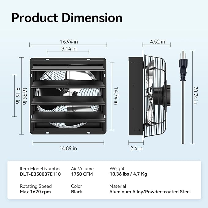 addlon 14 Inch Shutter Exhaust Fan Wall Mounted with EC Motors and Remote Control, Timer, 8 Speeds, 1750CFM, Low Noise, Easy to Install, Plug in Ventilation Fan for Garages, Shops, Greenhouse, Attic