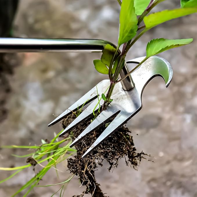 2pack 16inch Weed Puller Tool,Weeding Tool,4 Teeth Stainless Steel Hand Weeder for Effortless Weeding,Portable Uprooting Tool for Vegetable Gardening,Backyard,Farm (Wooden Handle&Stainless Steel)