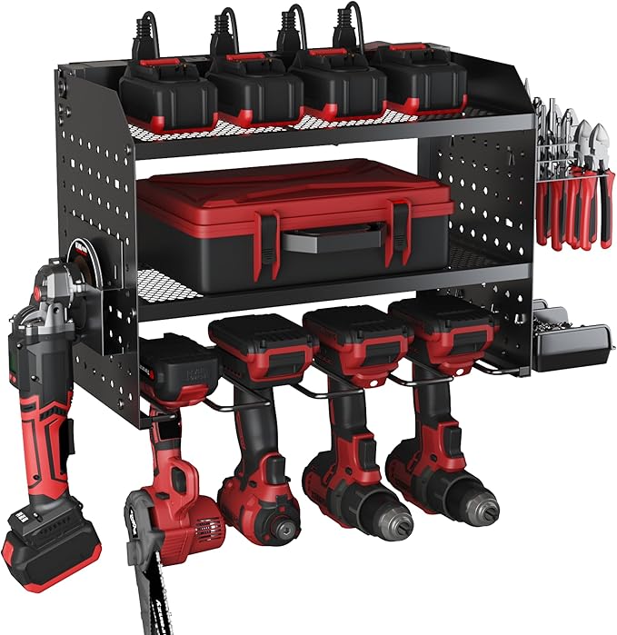 Power Tool Charging Station, Garage 4 Drill Power Tool Wall Organizer, Metal Hand Tool Storage Rack, Utility Racks, Cordless Drill and Battery Holder for Garage Organization, Gifts for Men Dad Husband