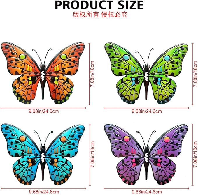 Metal Butterfly Wall Decor - 9.6" Outdoor Fence Wall Art Decor, Hanging Decoration for Garden Yard Living Room Bedroom Patio Balcony(4 Pack)
