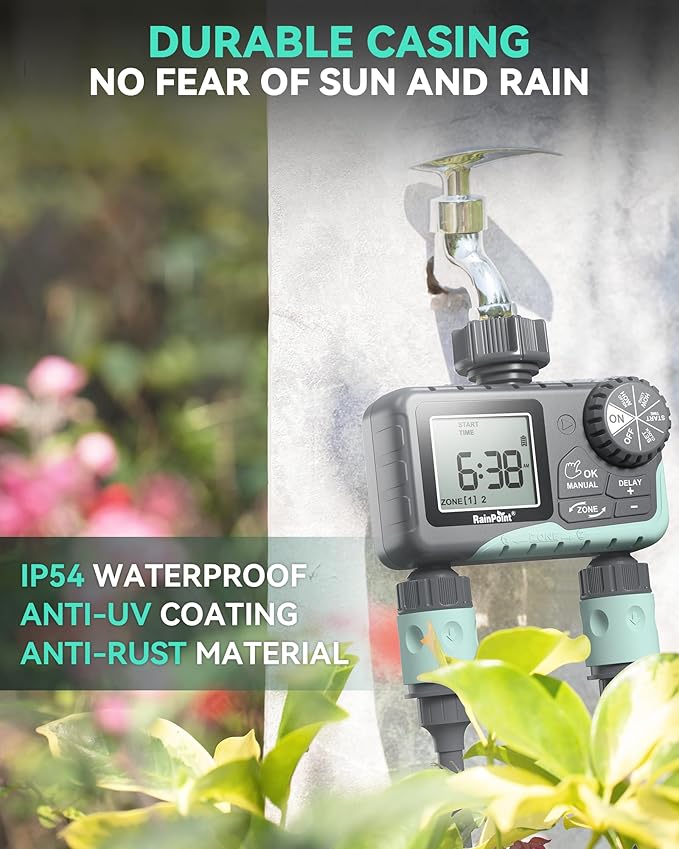 RAINPOINT 2 Zone Sprinkler Timer - 2pcs Water Timer for Garden Hose with Rain Delay/Manual Watering/Automatic Irrigation for Yard Lawn