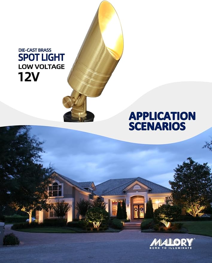 MALORY Brass Landscape Spotlight,12V AC/DC Low Voltage LED Landscape Lighting,Waterproof Spot Up Light for Garden,Patio and Yard (12-Pack with Bulb)