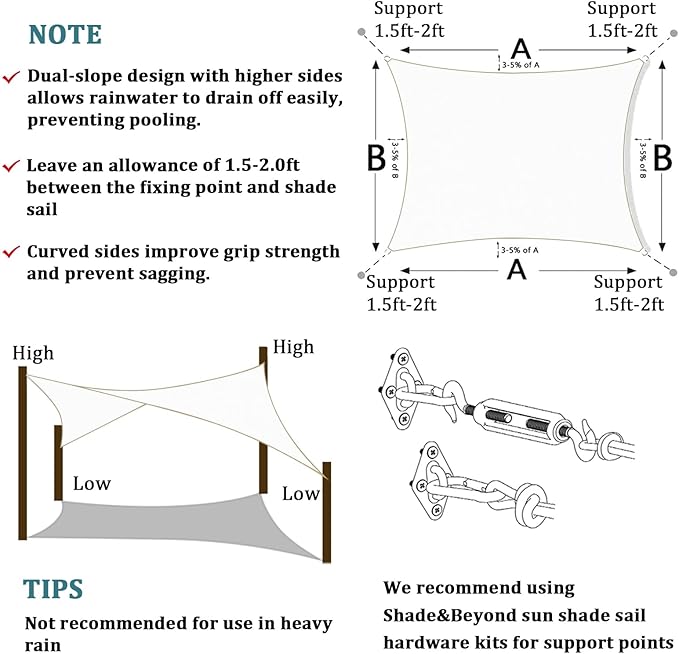 Shade&Beyond Sun Shade Sail Breathable UV Block Outdoor Covering Cloth for Backyard, Pool, 9'X15', White (Customized Available)